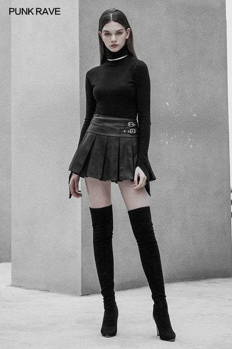 Metallische Schnalle mit hoher Taille Dekorativer Plissee-PU-Halbrock