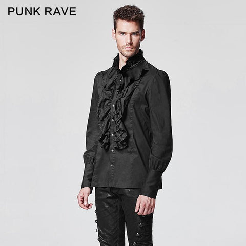Black Bubble Langarm Gothic Shirt mit Spitze hohen Kragen