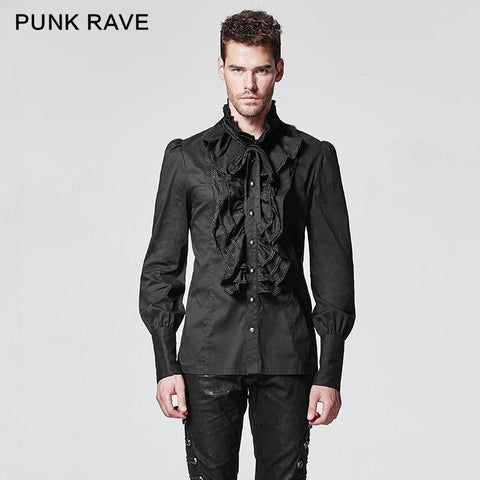 Black Bubble Langarm Gothic Shirt mit Spitze hohen Kragen