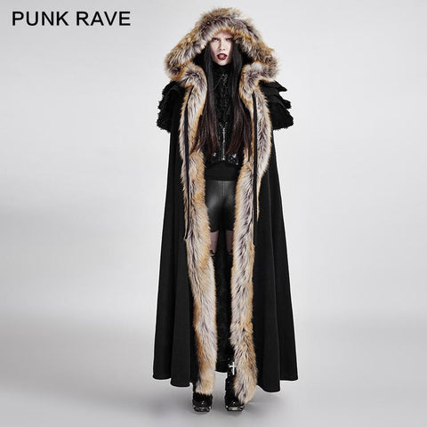 Gotische Trenchcoats mit langem Umhang und ausgezeichnetem Wollkragen