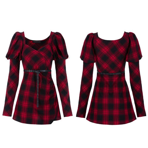 Rotes und schwarzes Plaid mit Kleid mit Prinzessinnenärmeln