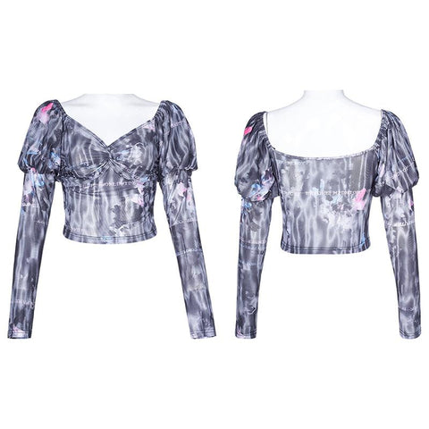 Top mit quadratischem Kragen und Stretch-Mesh-Aufdruck