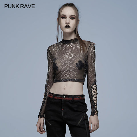 Mesh-T-Shirt mit gotischem Skelett-Print