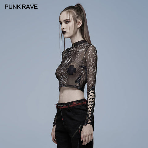 Mesh-T-Shirt mit gotischem Skelett-Print