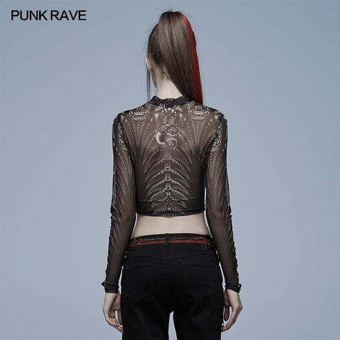Mesh-T-Shirt mit gotischem Skelett-Print