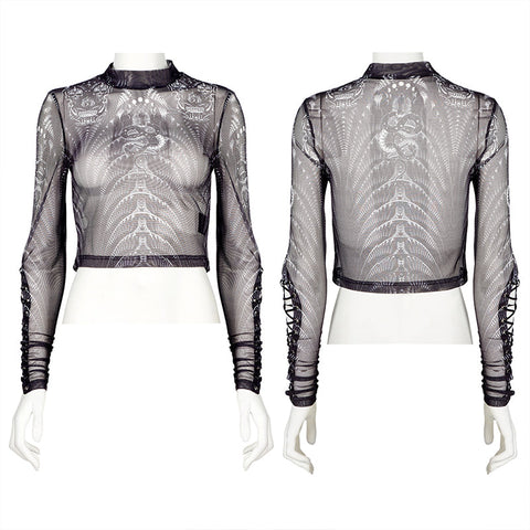 Mesh-T-Shirt mit gotischem Skelett-Print