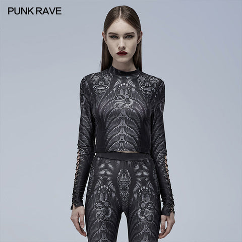 Mesh-T-Shirt mit gotischem Skelett-Print